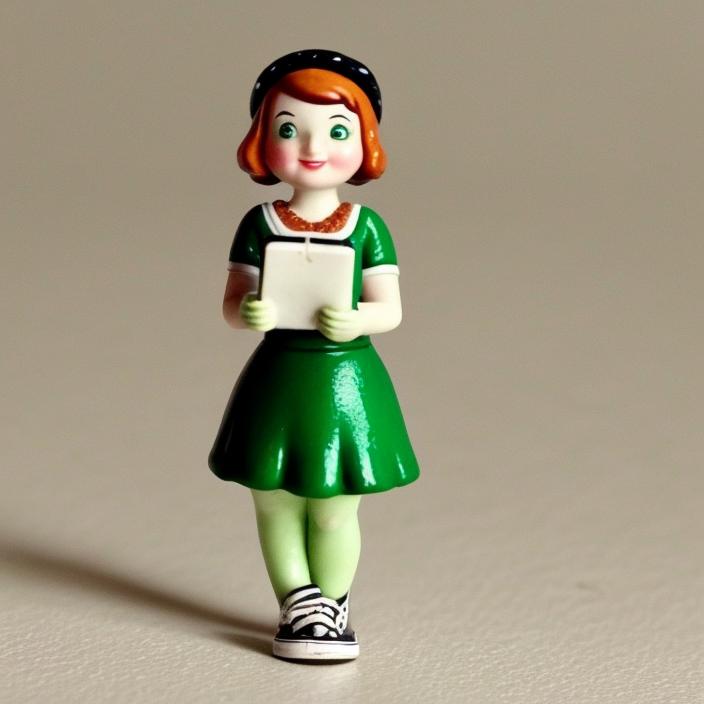 Artificial Intelligence (AI) generated image art, ... as a beautiful miniature figurine, holding a notebook, shoulder length warm brown hair, black dress that has white polka dots on it, wearing green converse sneakers,