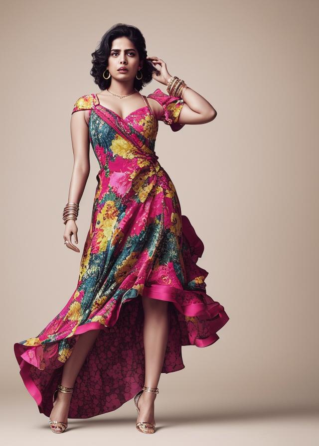 Artificial Intelligence (AI) generated image art, ..., Dolce & Gabbana, Richard Avedon style, Compose a fashion editorial featuring a vibrant high-low dress with a Canon EOS-1D X Mark III, taking advantage of its fast burst rate and advanced autofocus system, detailed face, ultra realism