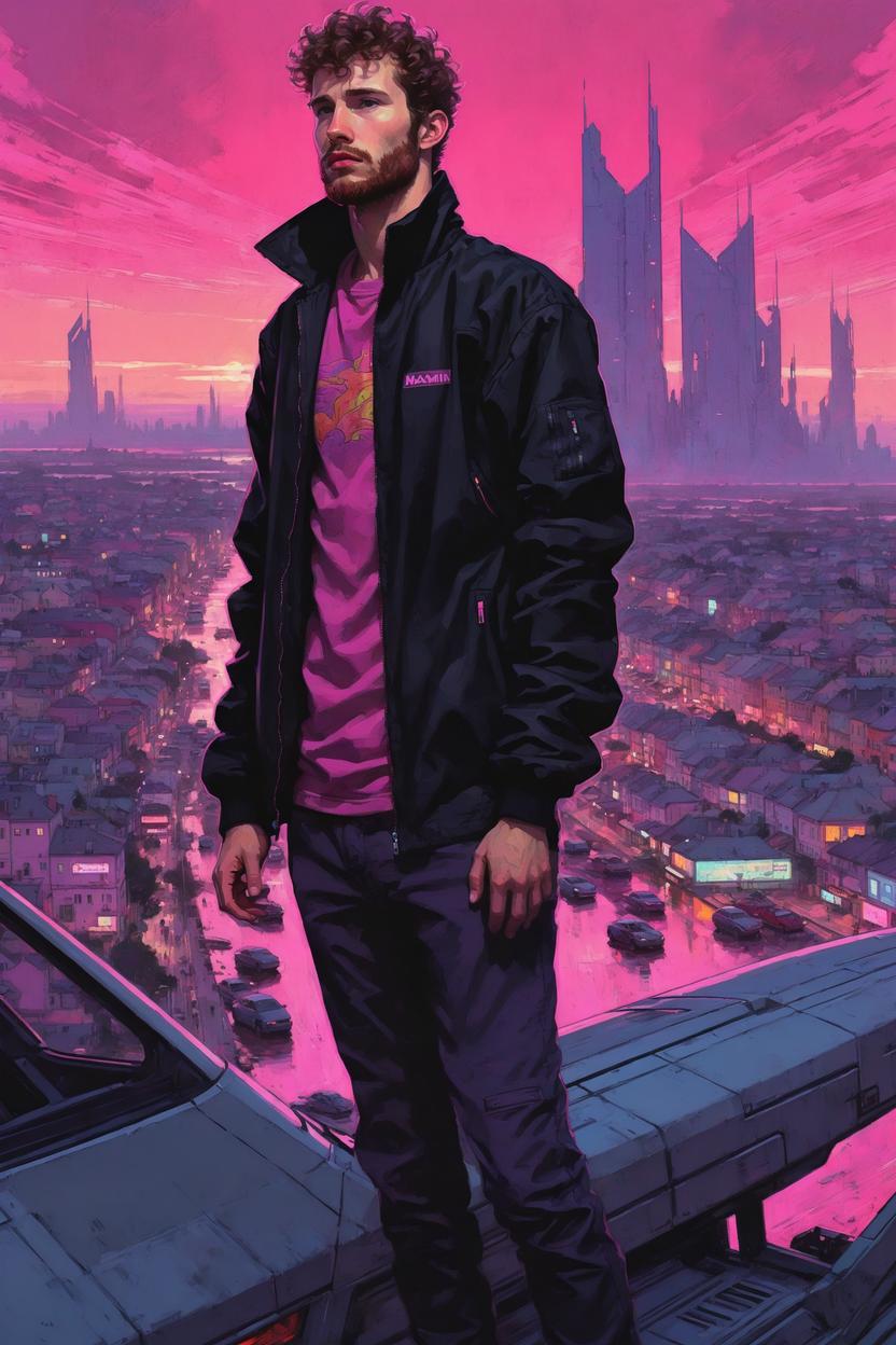 Artificial Intelligence (AI) generated image art, ..., portrait, (moebius comic book style), scifi city landscape, illustration, comics, flying cars, cyberpunk, magenta sunset, wearing cool black jacket