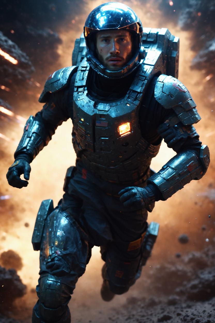 Artificial Intelligence (AI) generated image art, ..., as space soldier, in intense space battle, running, art by greg rutkowski, highly detailed, photorealistic, sharp focus, 8k, cinematic lighting, highly detailed, futuristic glow