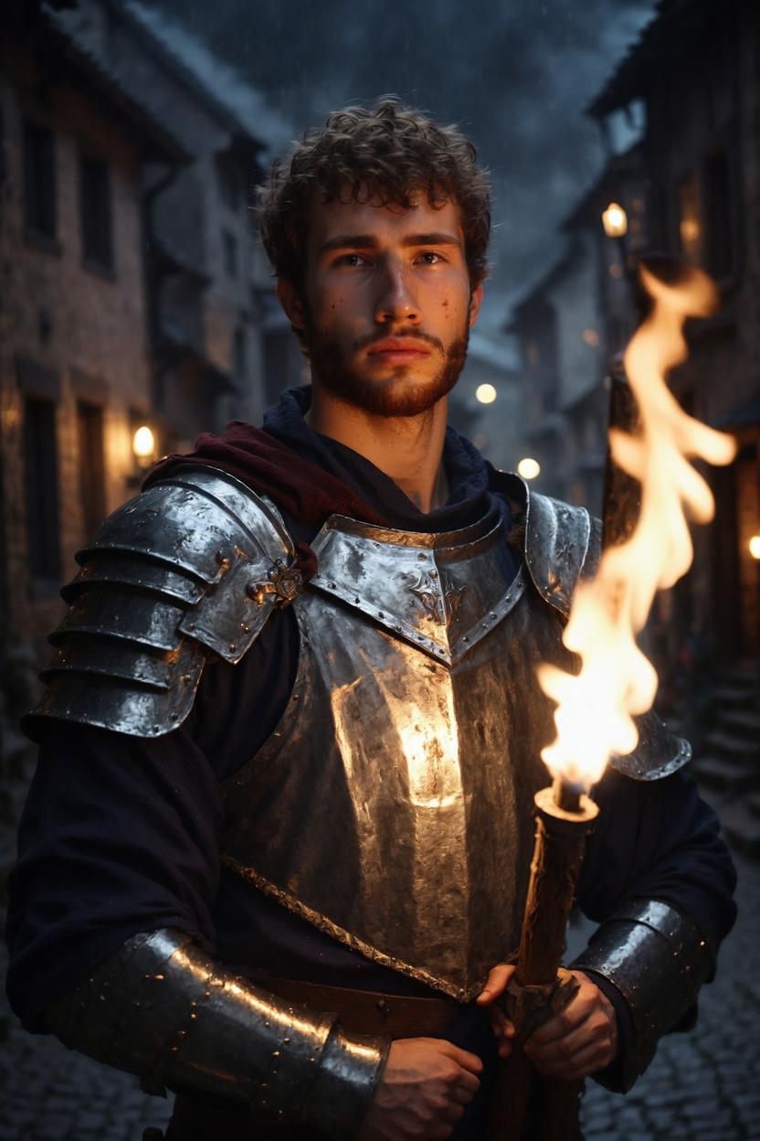 Artificial Intelligence (AI) generated image art, ..., portrait, as fantasy paladin, side portrait, in an old dark crowded medieval town, at night, holding a wooden burning torch, ((raining)), Shot on Hasselblad H6D-400c lens, ultra high definition, ultra-realism, ultra realistic, young, handsome, night light, mysterious atmosphere,  highly detailed, high depth of view
