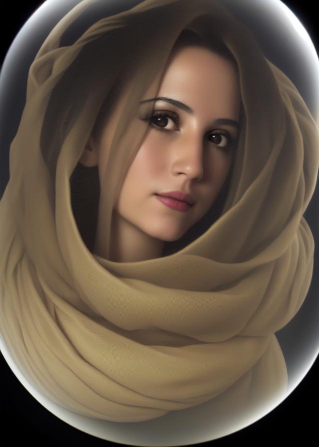 Artificial Intelligence (AI) generated image art, ..., photo sphere photograph portrait of a beautiful female as seen through a glass ball glass sphere photography prop, canon 5 d, professional photography, dslr, by agostino arrivabene, by fernand khnopff, by raphael, rendered in octane, photorealistic, surreal, mysterious, with scarf covering hair