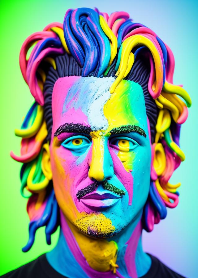 Artificial Intelligence (AI) generated image art, butter sculpture of ..., rainbow hair, covered in neon paint, luminescent, black background, Sony a7R IV, symmetric balance, polarizing filter, Photolab, Lightroom, 4K, Dolby Vision, Photography Award