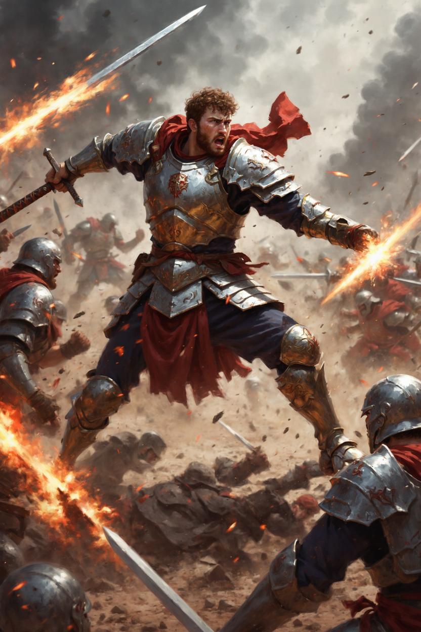 Artificial Intelligence (AI) generated image art, ..., as fantasy paladin, art by greg rutkowski, fighting enemies in battle, in front lines, angry, high depth of field