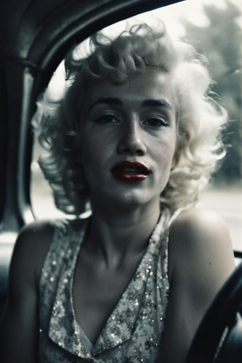 Artificial Intelligence (AI) generated image art, ..., portrait, as Marilyn Monroe, old photo, film grain, in a car