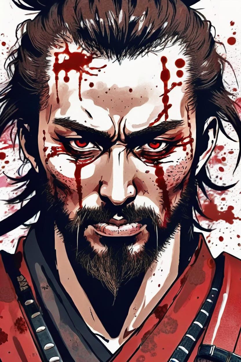 Artificial Intelligence (AI) generated image art, ..., ... like a samurai after a battle, tired and fool of blood. Manga style.
