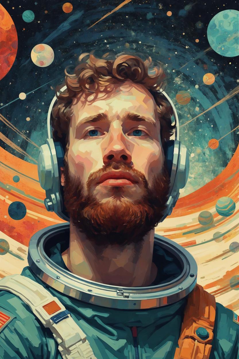 Artificial Intelligence (AI) generated image art, ..., ( ( dither ) ), editorial illustration bearded astronaut  man in space, modern art deco, colorful, ( ( mads berg ) ), christopher balaskas, victo ngai, rich grainy texture, detailed, dynamic composition, wide angle, moebius, matte print