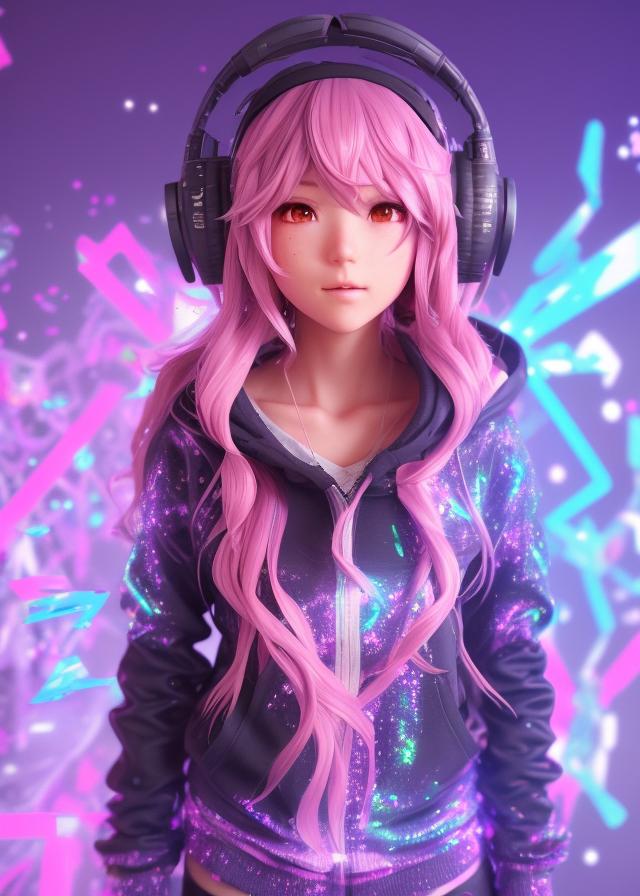 Artificial Intelligence (AI) generated image art, ..., portrait of an 3d anime character with cute sparkly eyes wearing a psychedelic holographic hoodie and headphones, long hair with pastel colors in the style of code vein by Kurumi Kobayashi Koichi Itakura, 3d anime, octane render, dynamic dramatic lighting, with glitch and chromatic abbreviations, artstation, cgsociety, imaginefx, by anime concept artist, rendered in unreal engine, by WENJR, WLOP, artgerm