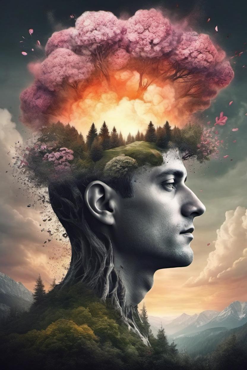 Artificial Intelligence (AI) generated image art, Nature exploding out a ... head, trees, flowers, mountain, sunset, nature mind, expressive creative art, surrealistic concept art, ethereal landscape in a cloud of magic coming out the top of a human head, incredible details, high-quality, flawless composition, masterpiece, behance, by Marco Mazzoni, ink wash