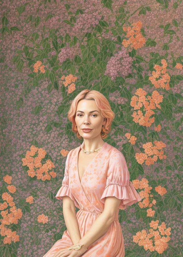 Artificial Intelligence (AI) generated image art, ... portrait, in the style of botticelli, (youthful appearance), (using orange, pink, lilac, green colour), in a floral garden, (whimsical atmosphere), highly detailed, 8k