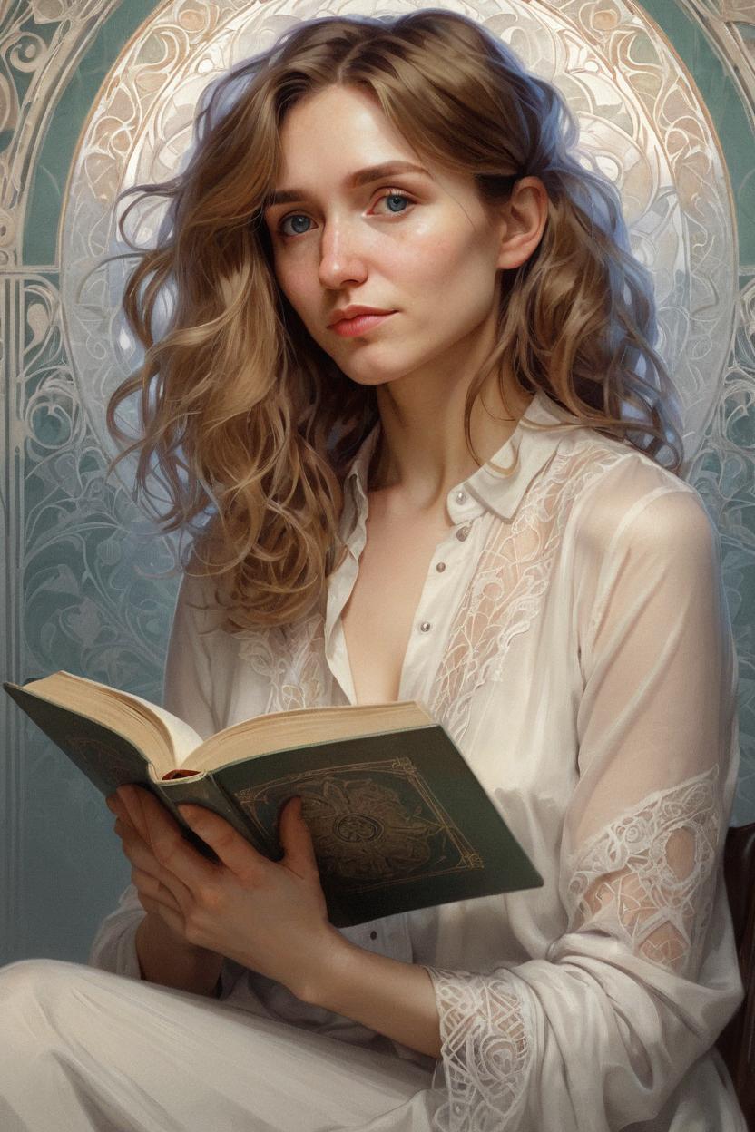 Artificial Intelligence (AI) generated image art, ..., Portrait of young woman read the book, real life skin, intricate, elegant, highly detailed, artstation, concept art, smooth, sharp focus, art by artgerm and greg rutkowski and alphonse mucha