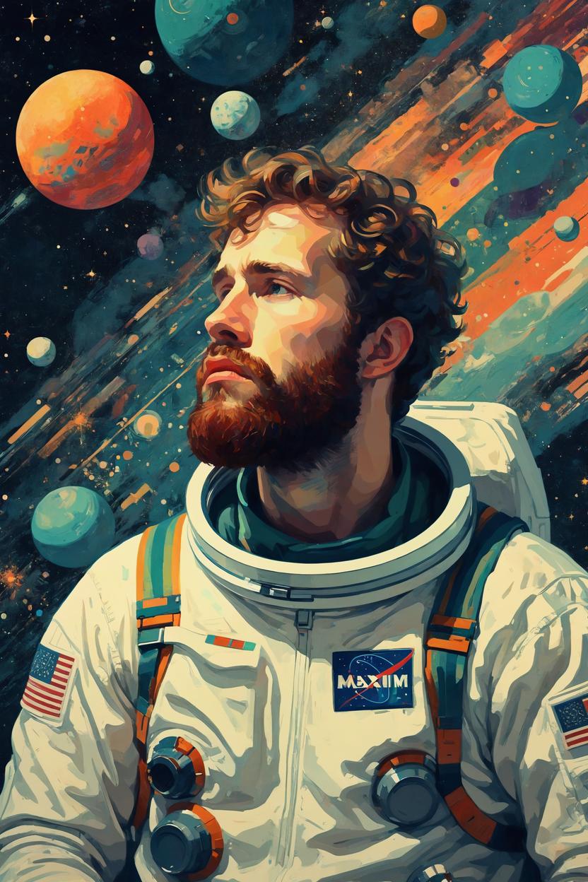 Artificial Intelligence (AI) generated image art, ..., ( ( dither ) ), editorial illustration bearded astronaut man in space, modern art deco, colorful, ( ( mads berg ) ), christopher balaskas, victo ngai, rich grainy texture, detailed, dynamic composition, wide angle, moebius, matte print