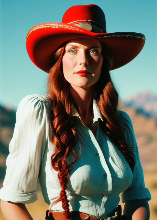 Artificial Intelligence (AI) generated image art, ... as cowboy, woman, wearing a hat, cinematic, blue hour, in wild west mountains, Kodak Portra 800 film SMC Takumar 35mm f/ 2. 8 c 50, detailed face, red hai, light green eyes.