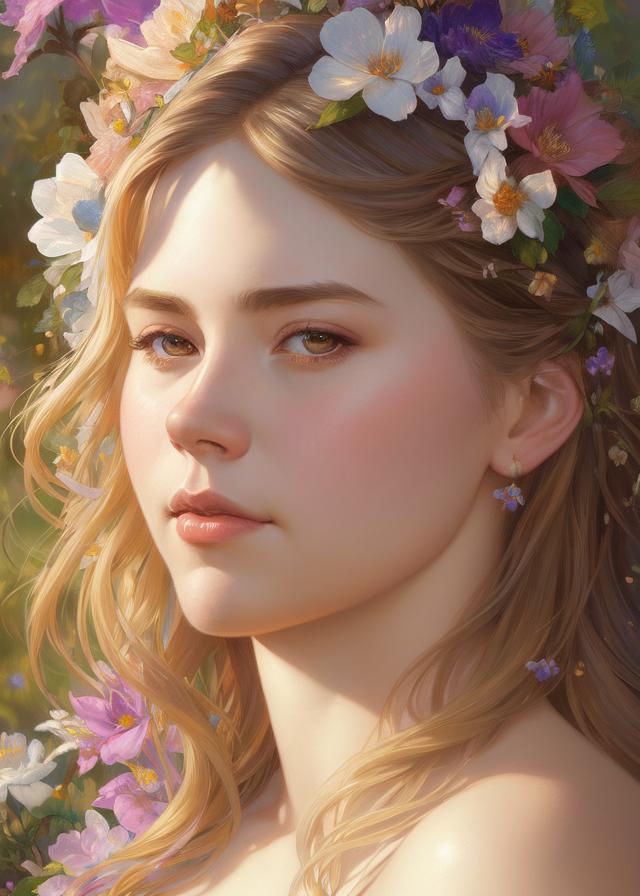 Artificial Intelligence (AI) generated image art, ..., ((portrait)), beautiful blonde fairy princess, highly detailed illustration, in a garden holding a bunch of wild flowers, deep focus, d & d, fantasy, intricate, elegant, highly detailed, digital painting, artstation, concept art, sunset, matte, sharp focus, illustration, hearthstone, art by artgerm and greg rutkowski and alphonse mucha and marco mazzoni