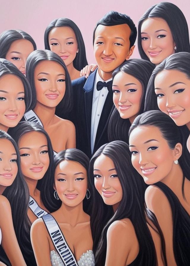 Artificial Intelligence (AI) generated image art, a painting of ... surrounded by the prettiest girls, miss universe girls