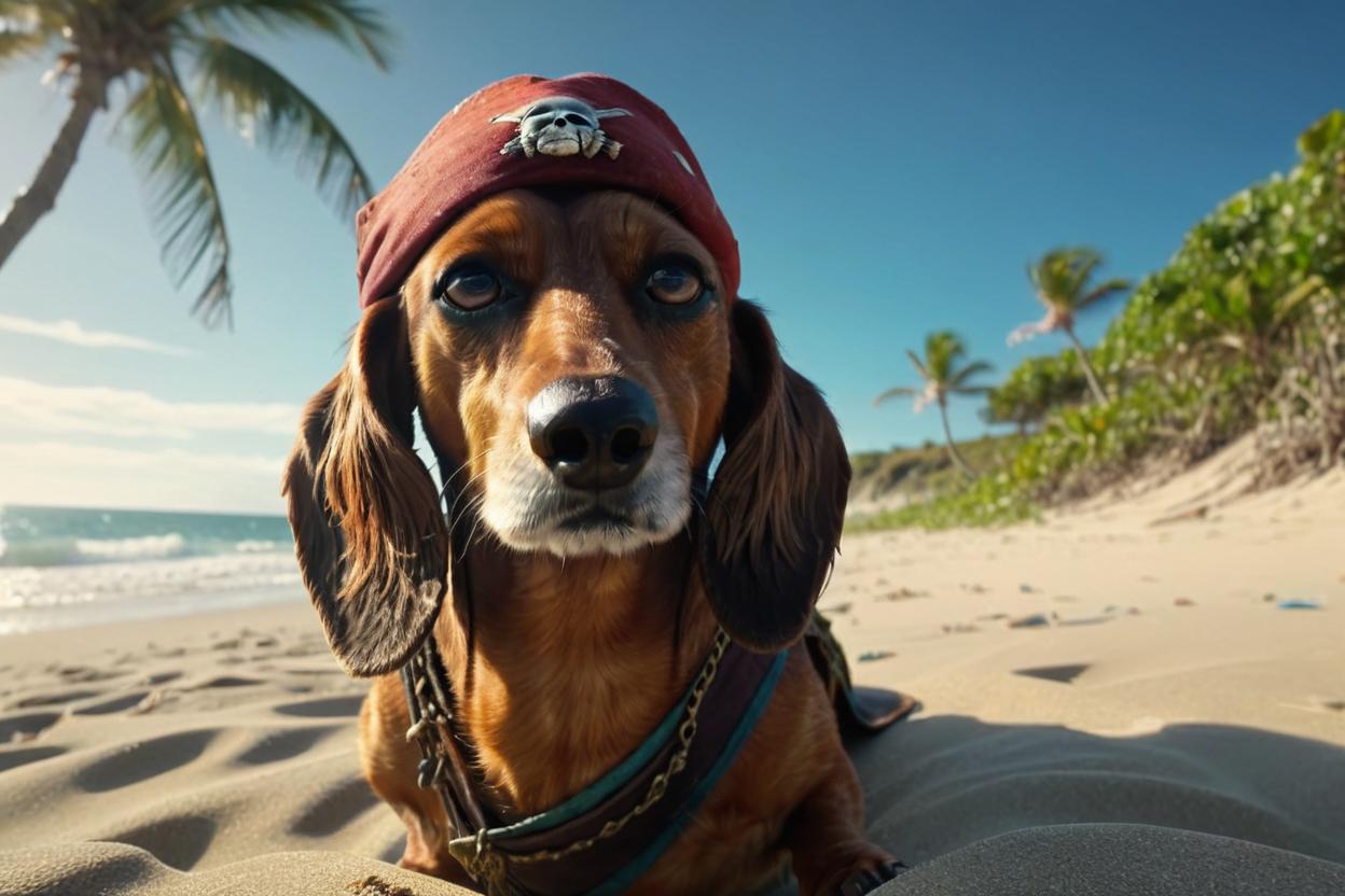 Artificial Intelligence (AI) generated image art, ((...)) as Jack Sparrow, portrait, beach background, epic, cinematic lighting, 4k, sharp focus, art by greg rutkowski