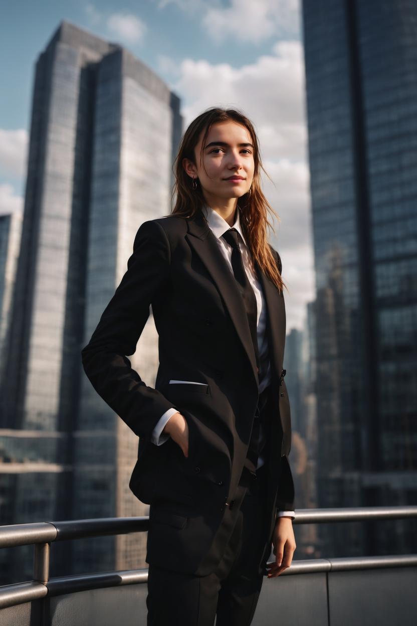 Artificial Intelligence (AI) generated image art, ..., portrait, Shot on Hasselblad H6D-400c lens, wearing a fashionable suit, ultra high definition, ultra-realism, ultra realistic, young, beautiful, standing in front of skyscrapers in black business suit