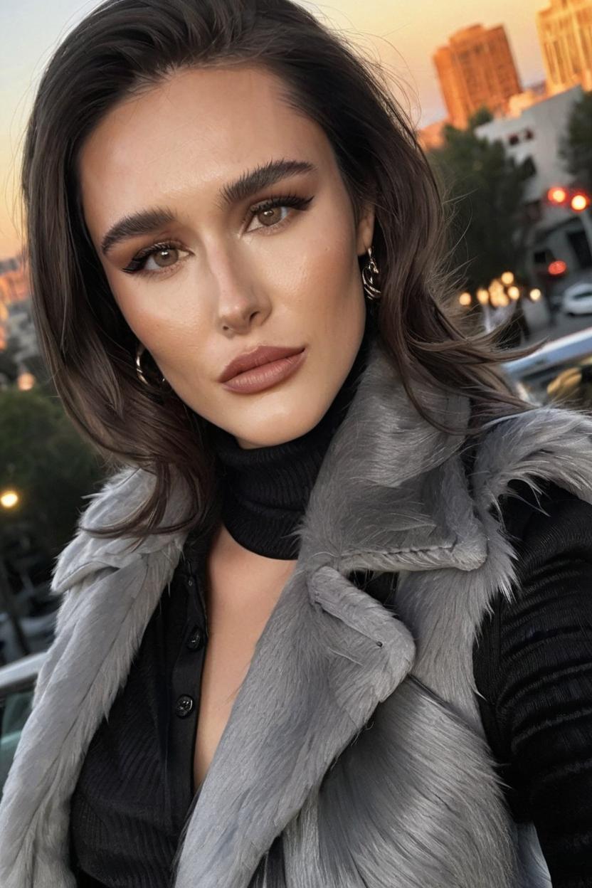 Artificial Intelligence (AI) generated image art, ..., looking sophisticated with cascading hair that is deeply parted to one side and pinned back on the other, wearing a black turtleneck and a grey faux fur coat, against a backdrop of an elegant city street in the soft glow of late afternoon light.
