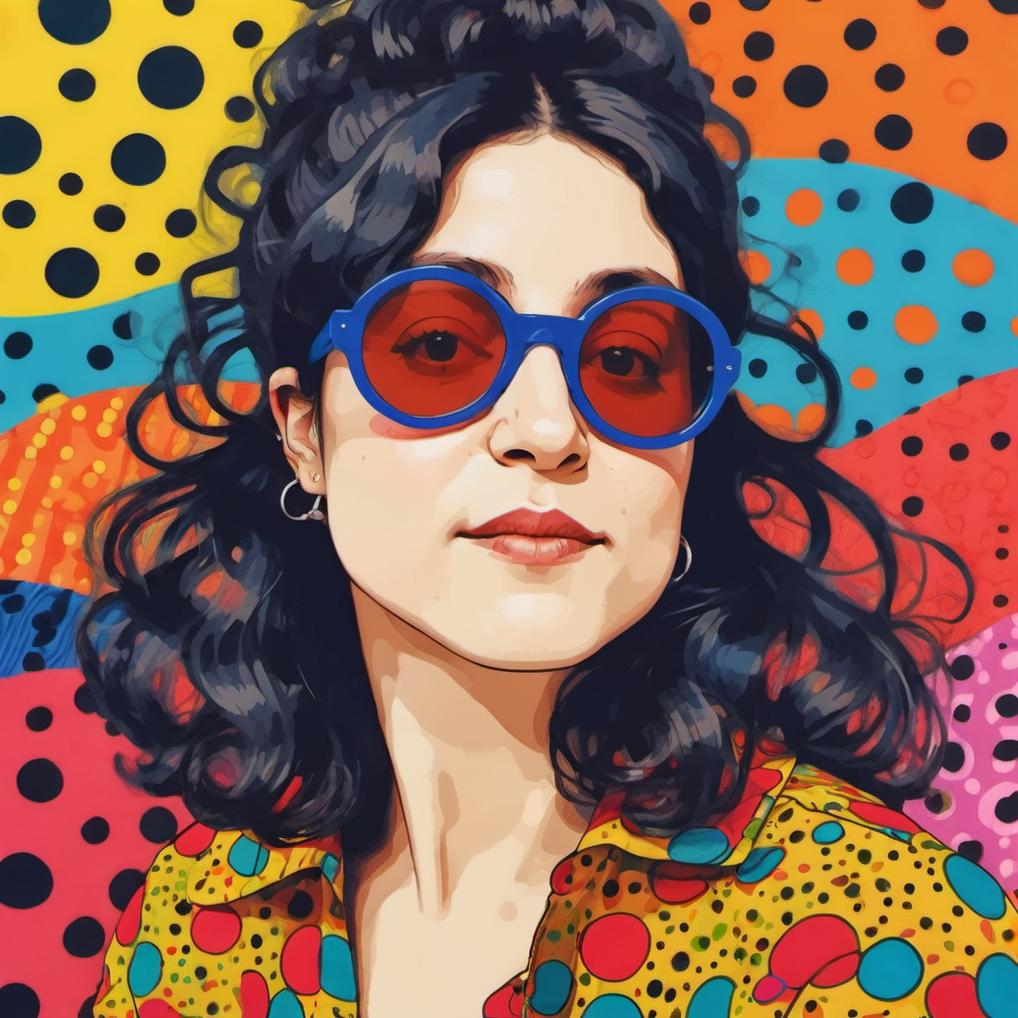 Artificial Intelligence (AI) generated image art, ..., illustration  by Yayoi Kusama, vibrant colors, aesthetic, portrait, abstract background, wearing sunglasses, long hair, artwork