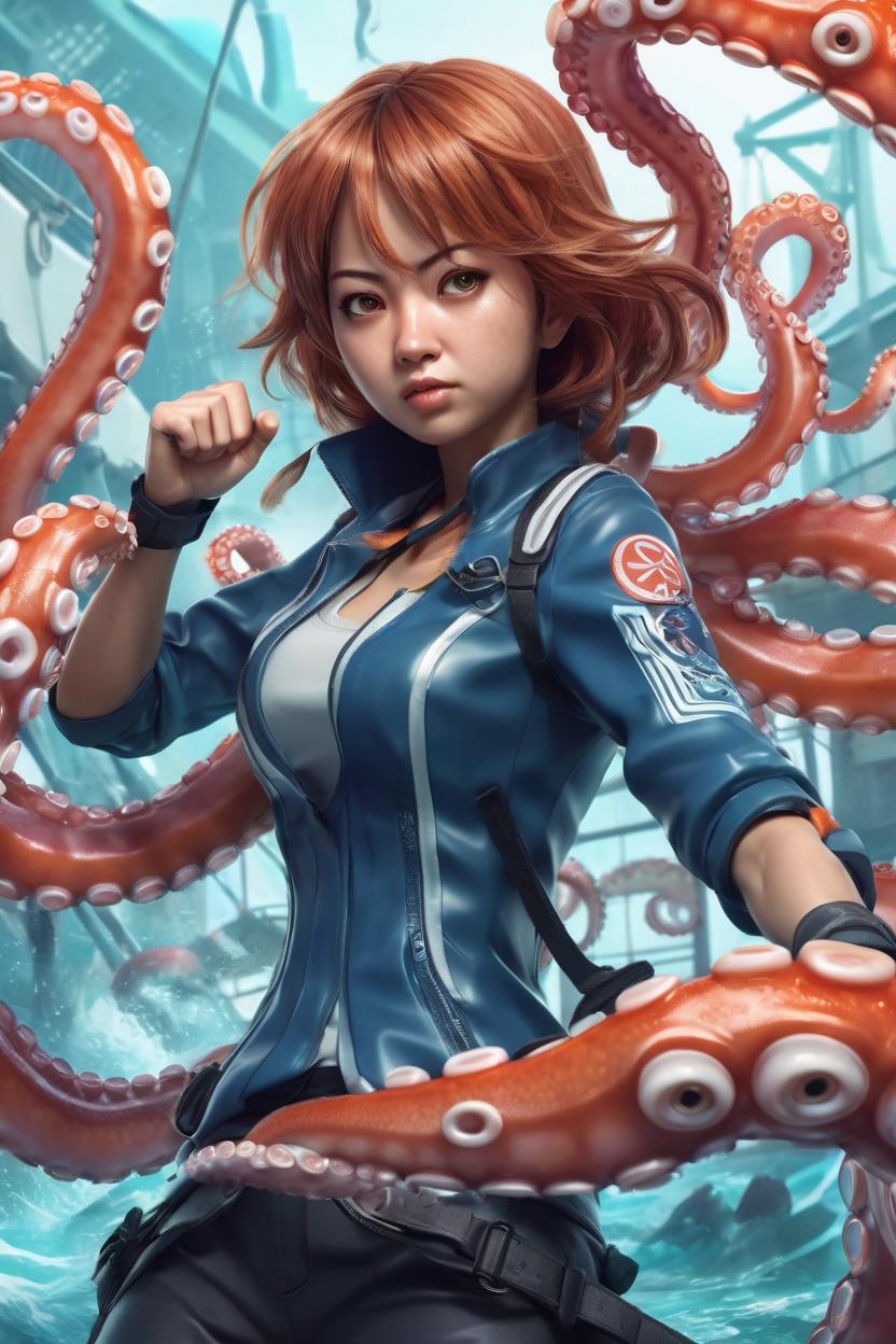Artificial Intelligence (AI) generated image art, ... as 3d illustration anime girl, octopus tentacles background, fighting, highly detailed, by artgerm