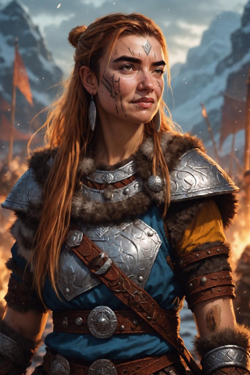 Artificial Intelligence (AI) generated image art, ..., art by Greg Rutkowski, fantasy viking woman warrior, dnd, friendly expression