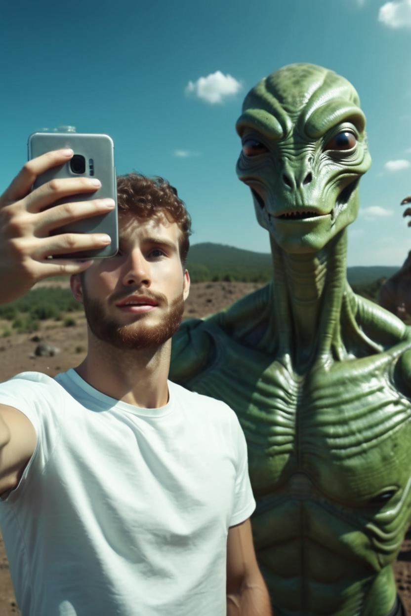 Artificial Intelligence (AI) generated image art, beautiful ..., taking a selfie with aliens, looking at the camera, natural lighting, hyperrealistic, wide angle, cinematic