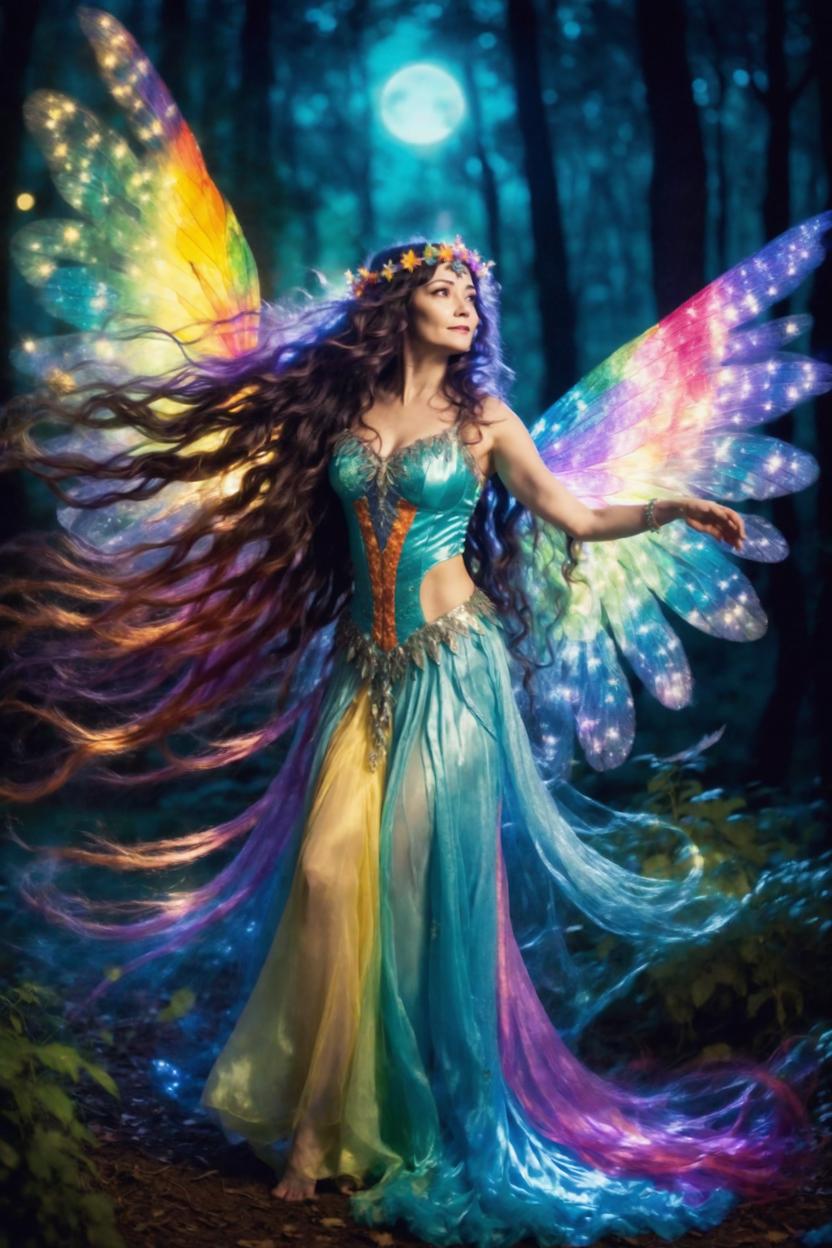 Artificial Intelligence (AI) generated image art, ..., illustration, full body, as a fairy queen, with beautiful colorful gossamer wings, dancing in a fairy circle in the moonlight, long dark wavy and lusterous hair flowing out around her, backlit to cause a halo around her, smaller fairys and sprites dance behind her a mysterious forest in the background