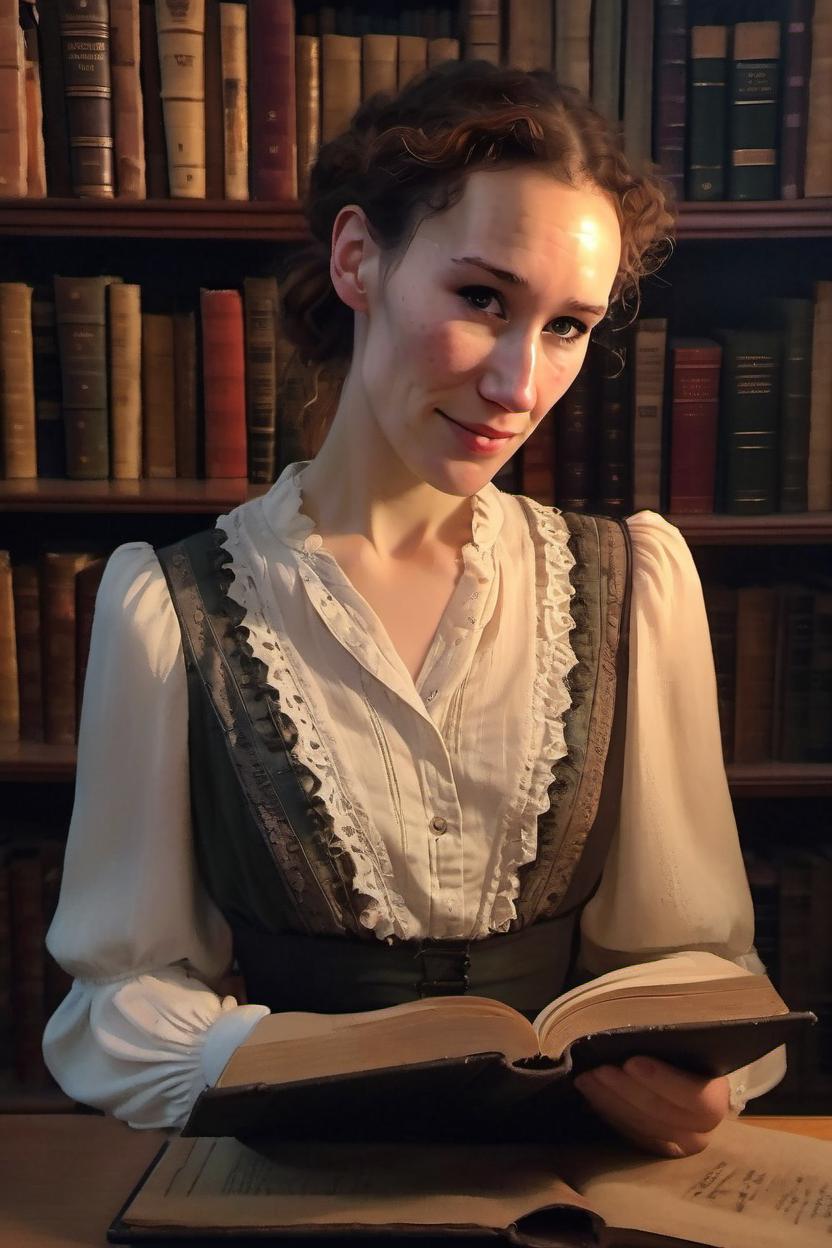 Artificial Intelligence (AI) generated image art, (portrait) of ... in (vintage blouse), realistic, detailed eyes, detailed skin features, at a (gothic library), with (mysterious light), ((true to life)), ((photorealistic))
