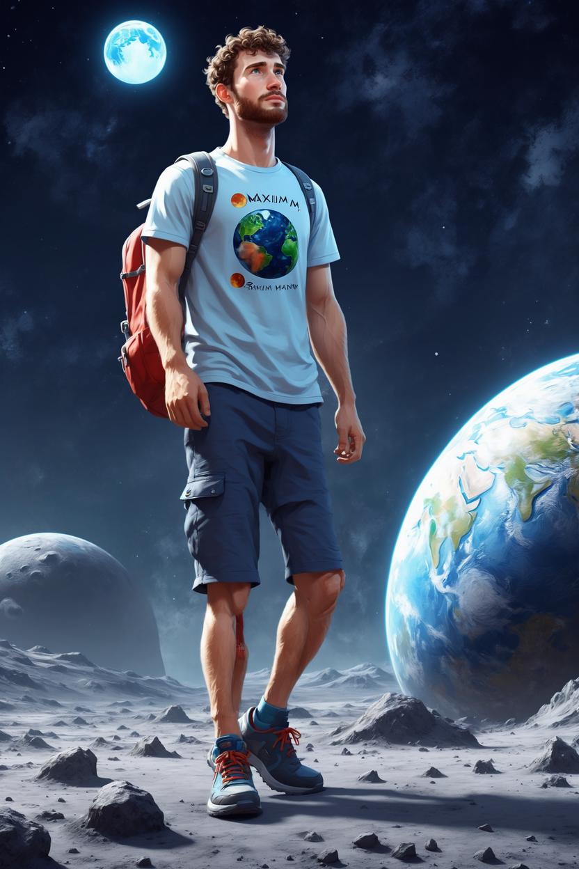 Artificial Intelligence (AI) generated image art,  (disney 3d animation style), ... portrait, 3d animation of ..., illustration, cartoon, digital painting, walking on the moon, planet earth behind