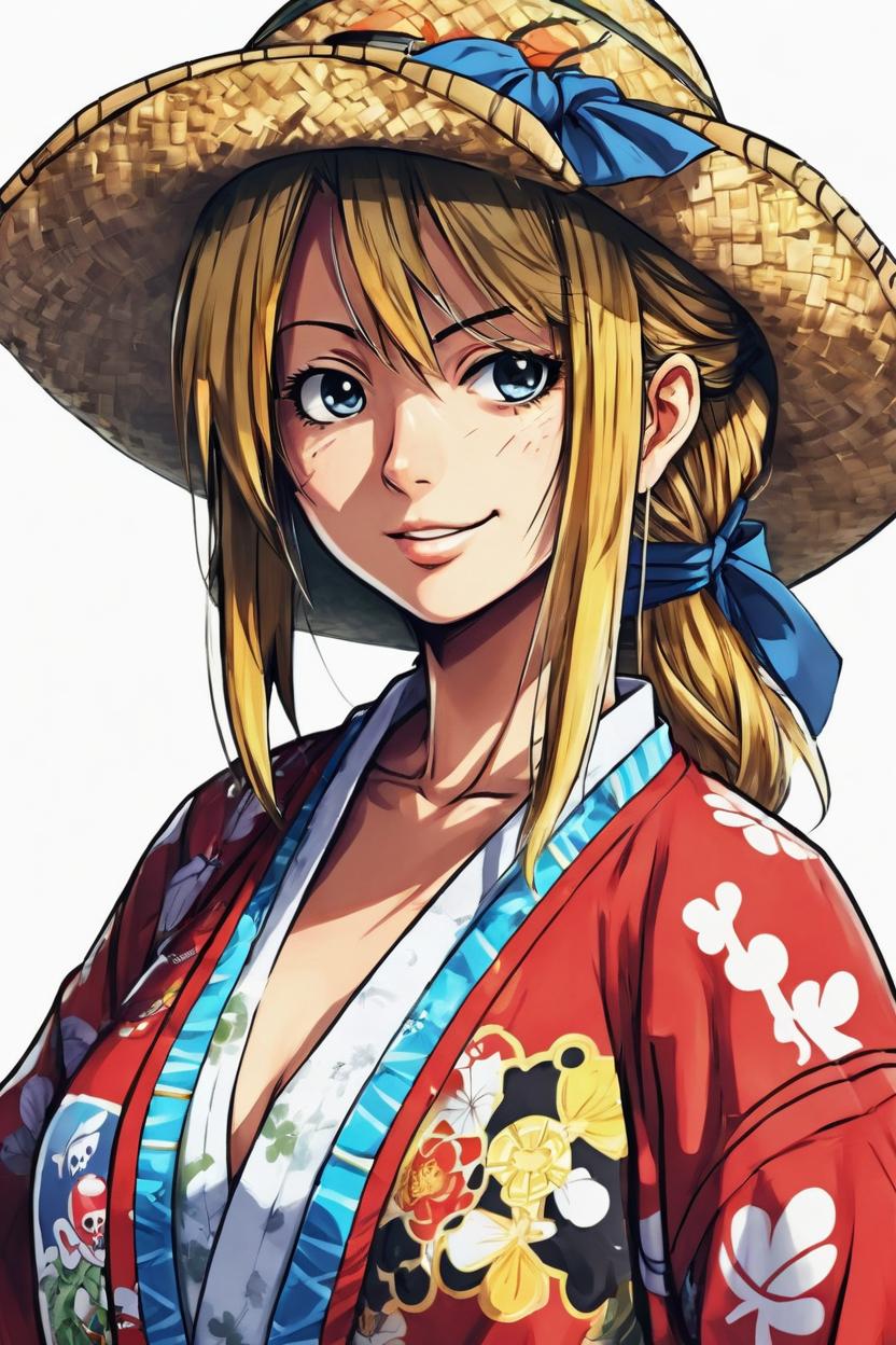 Artificial Intelligence (AI) generated image art, ... as member of straw hat pirate, art by eiichiro oda, anime girl, ((full body)), in kimono, detailed picture, adventure