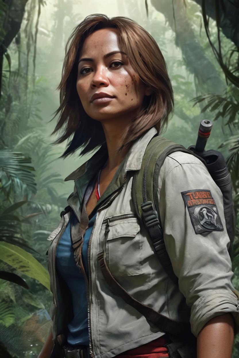 Artificial Intelligence (AI) generated image art, ... as tomb ryder, adventure, art by greg rutkowski, ((half body)), in the jungle, photorealistic