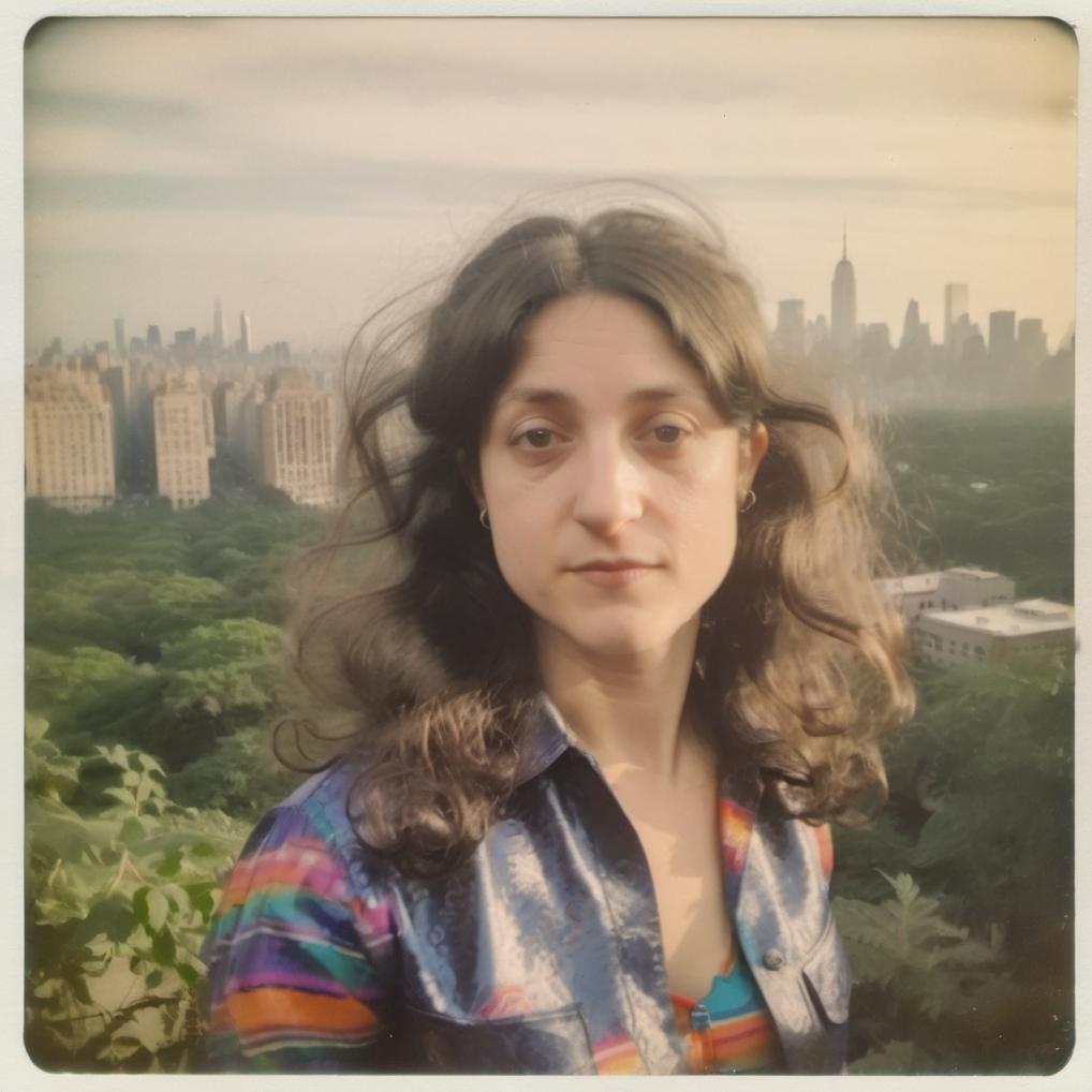 Artificial Intelligence (AI) generated image art, portrait of ..., old polaroid photo, 60 year old photo, flash, 60\'s, vintage photo, new york landscape, long hair, wearing disco clothes