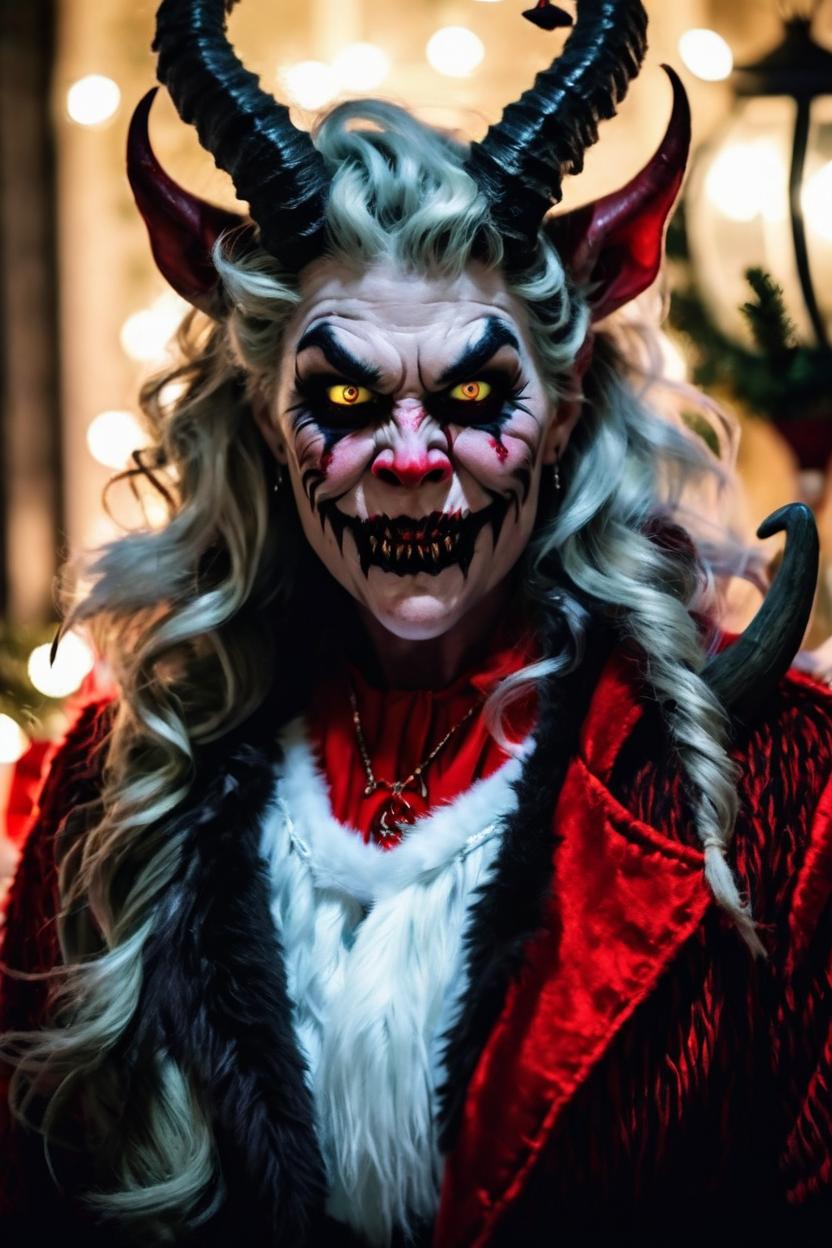 Artificial Intelligence (AI) generated image art, ..., as a beautiful but evil krampus the Christmas demon, demonic , attractive