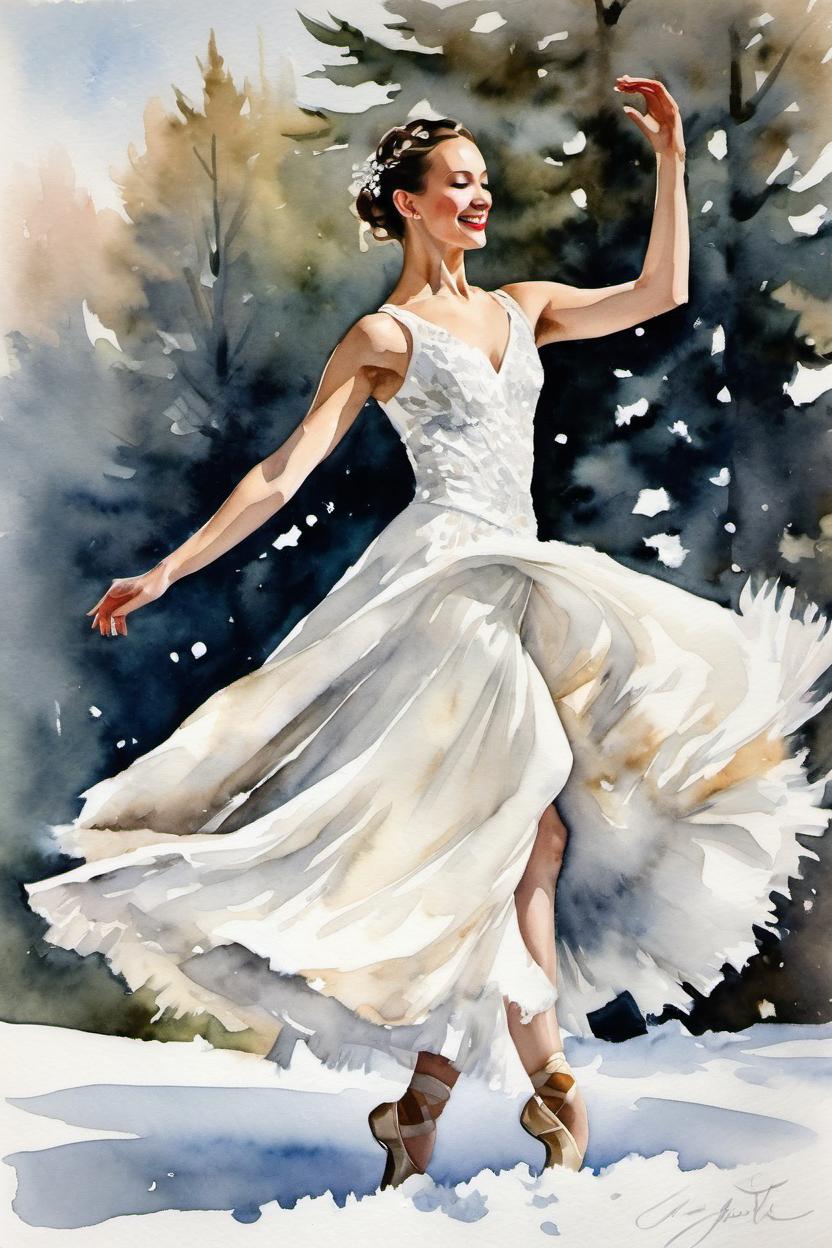 Artificial Intelligence (AI) generated image art, ..., Wedding dress, outdoors, snow, dancing in ballet poses, watercolor, fashion illustration, style of J.C. Leyendecker, (J.C. Leyendecker)