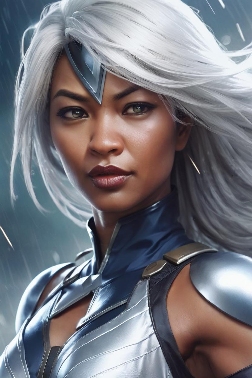 Artificial Intelligence (AI) generated image art, ... as storm x-man, by artgerm, ((half body)), flying, wind, thunder, strong, beautiful, detailed