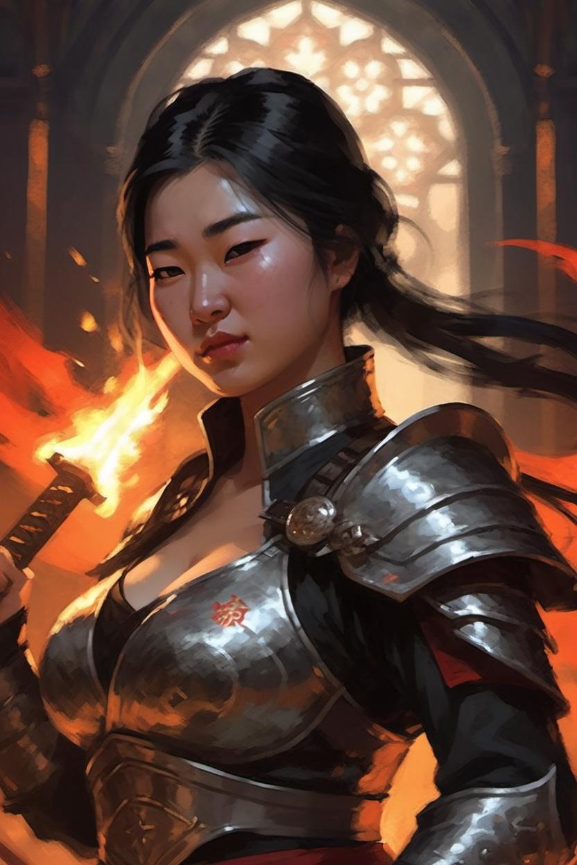 Artificial Intelligence (AI) generated image art, ..., ..., as a holy paladin ruler, scantily clad, midriff showing, but there is a darkness in her eyes, dnd artstyle, digital art, holding flaming sword, dark wings, full body shot, standing in front of a burning chapel