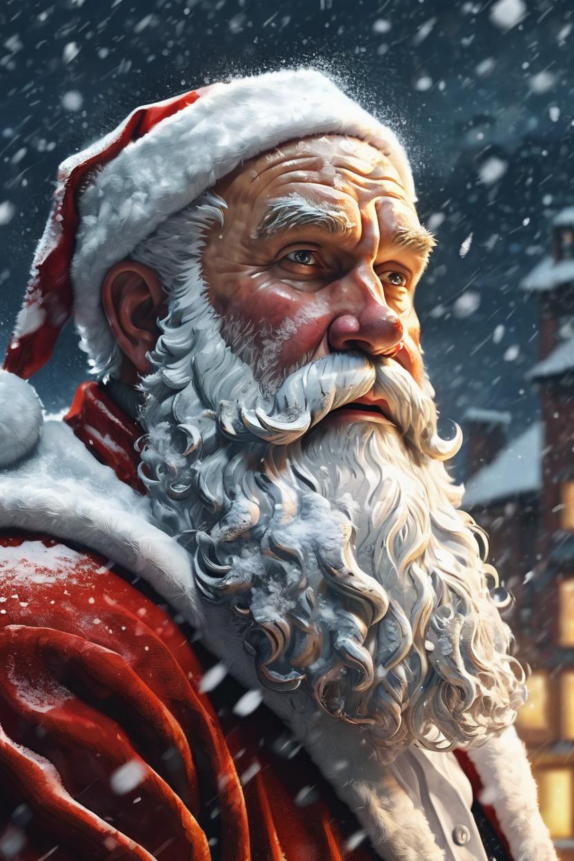 Artificial Intelligence (AI) generated image art, ..., close up portrait of santa claus in a snow storm, in the style of  Andrei Riabovitchev, highly detailed, ultra detailed, golden hour, trending on artstation,