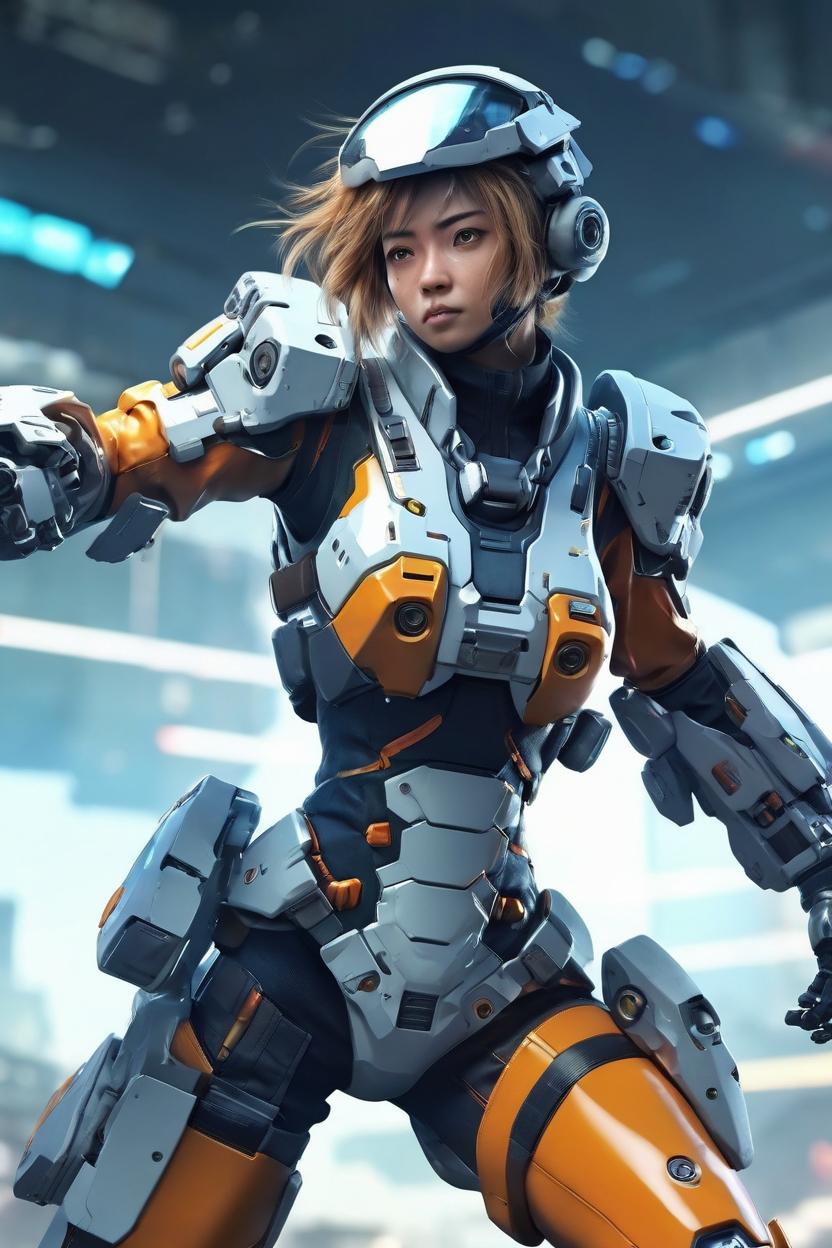 Artificial Intelligence (AI) generated image art, ... in mech suit, evangalion, anime, 3d illustration, fighting, futuristic, highly detailed