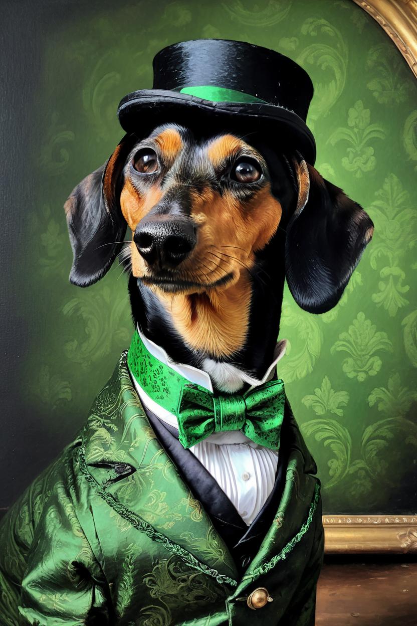 Artificial Intelligence (AI) generated image art, ..., as a victorian lord, oil painting portret, wearing a costume from the 1800s, green cravat, dark black wallpaper in the background, (identical and realistic head), (realistic), black hat