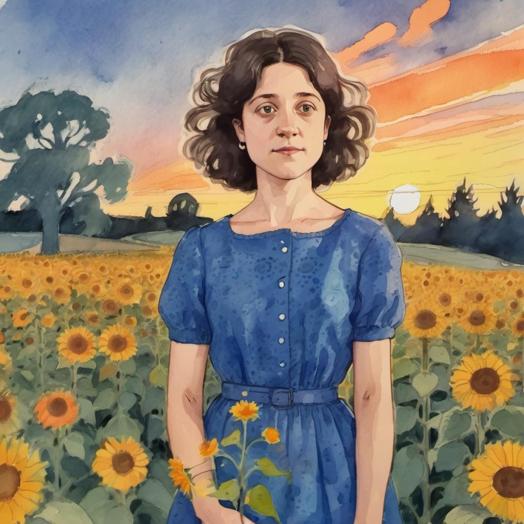 Artificial Intelligence (AI) generated image art, ..., illustration by Tove Jansson , vibrant colors, standing in a field of sunflowers, wearing a blue dress, sunset, naive artwork, beautiful