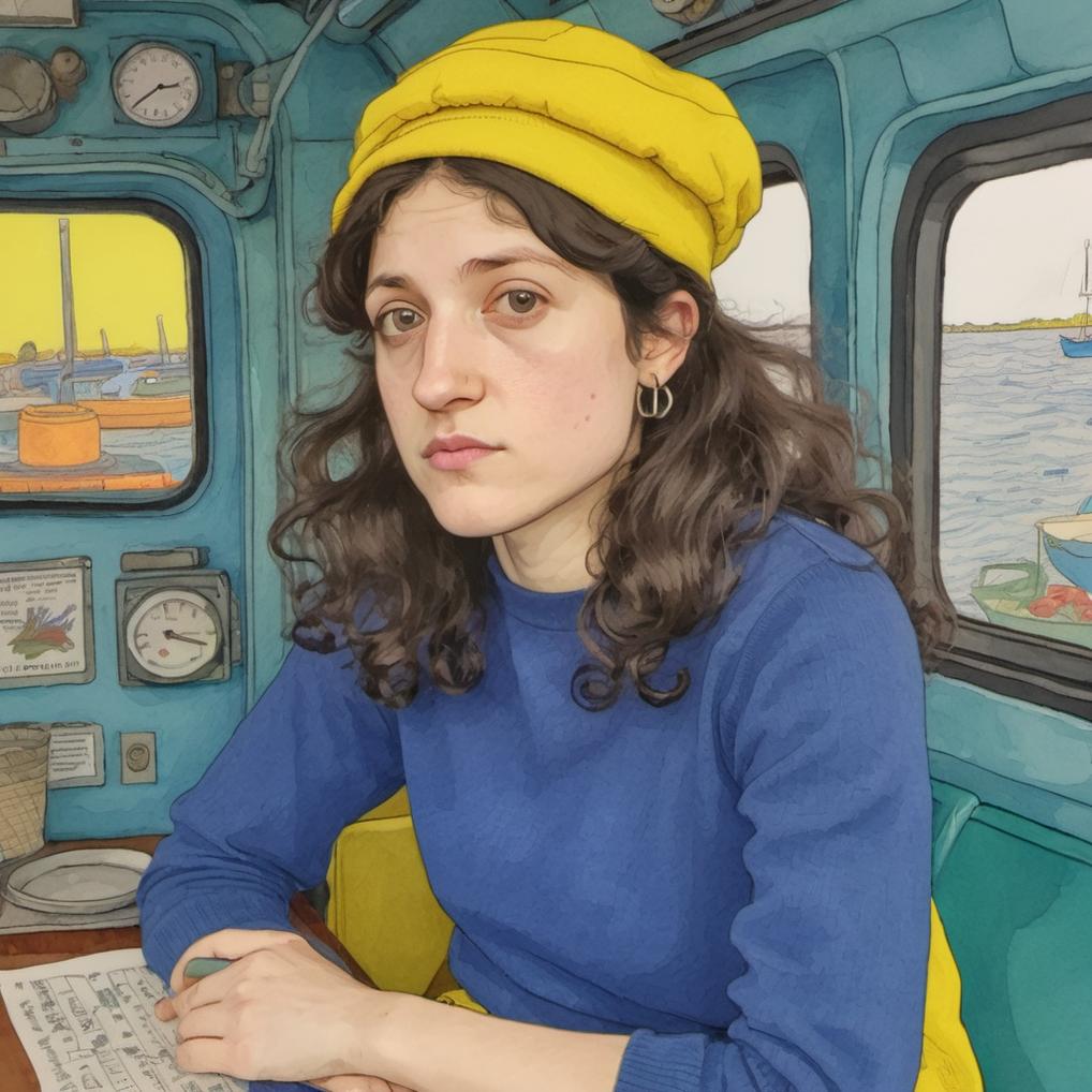 Artificial Intelligence (AI) generated image art, ..., illustration by Rutu Modan, vibrant colors, in a submarine, wearing blue sweater, yellow long skirt hat, long hair, Highly detailed, naive artwork