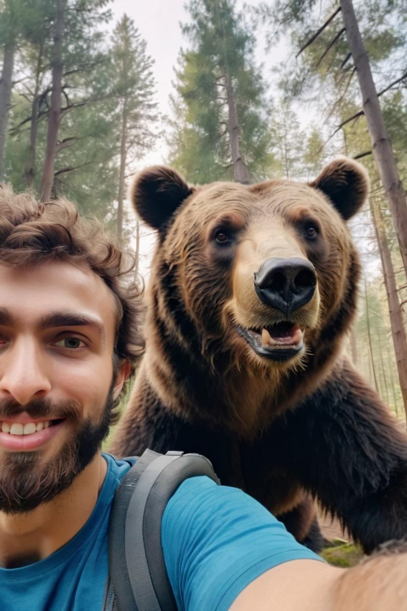 Artificial Intelligence (AI) generated image art, beautiful ..., taking a selfie with a bear, looking at the camera, friendly expression, natural lighting, hyperrealistic, wide angle, cinematic