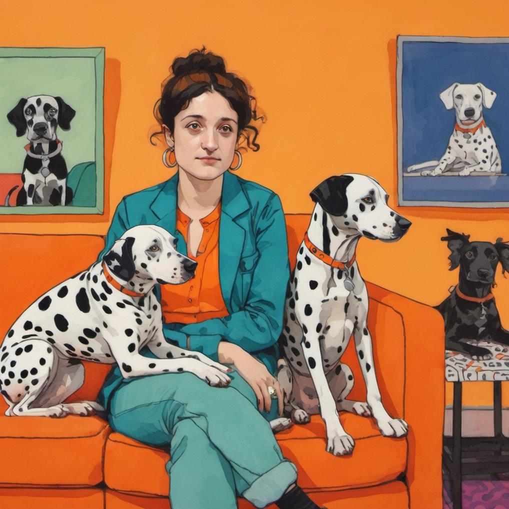 Artificial Intelligence (AI) generated image art, ..., illustration by Rutu Modan, vibrant colors, sitting on an orange couch, 2 dalmatian dogs sitting in her side, naive artwork