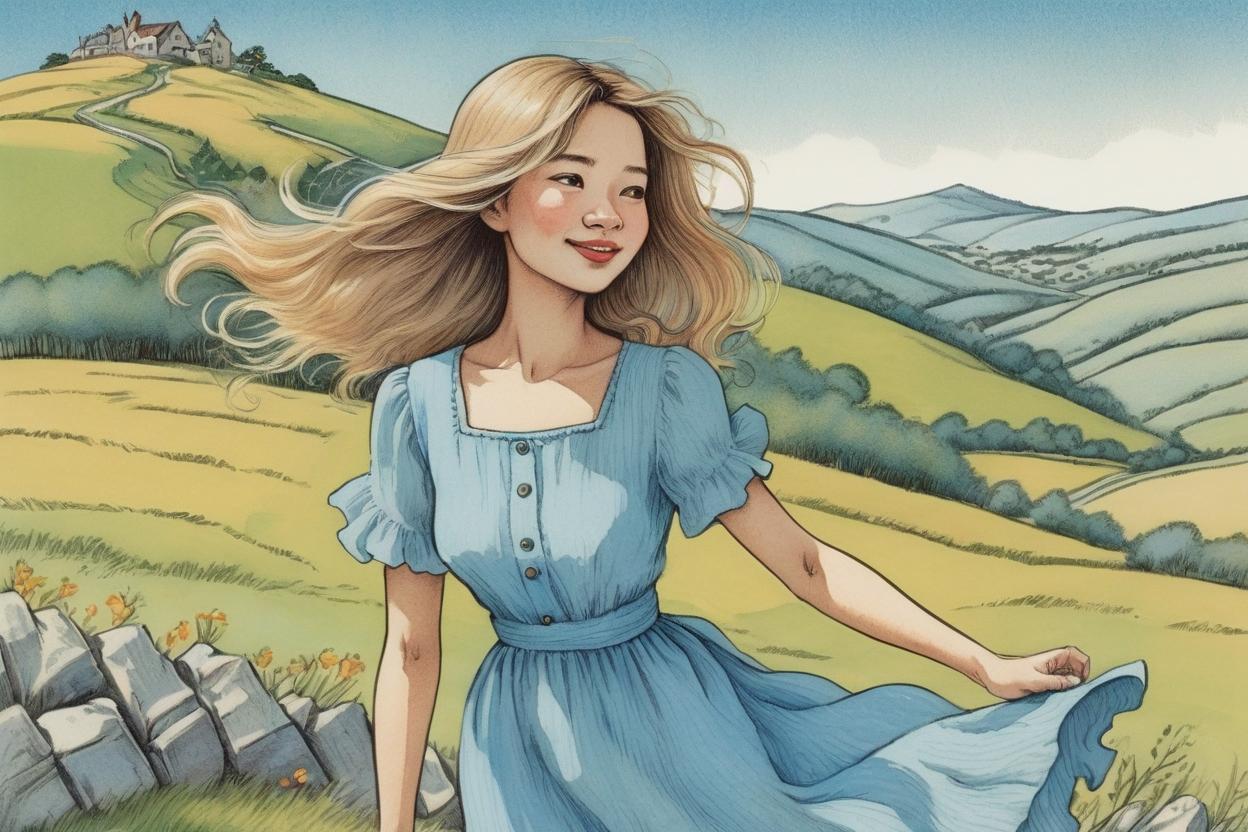 Artificial Intelligence (AI) generated image art, ..., illustration by Maurice Sendak , postcard, spring, on the hills, windy, romantic vibrant colors, wearing a light blue dress, medium long hair, tan skin, very detailed, naive artwork,