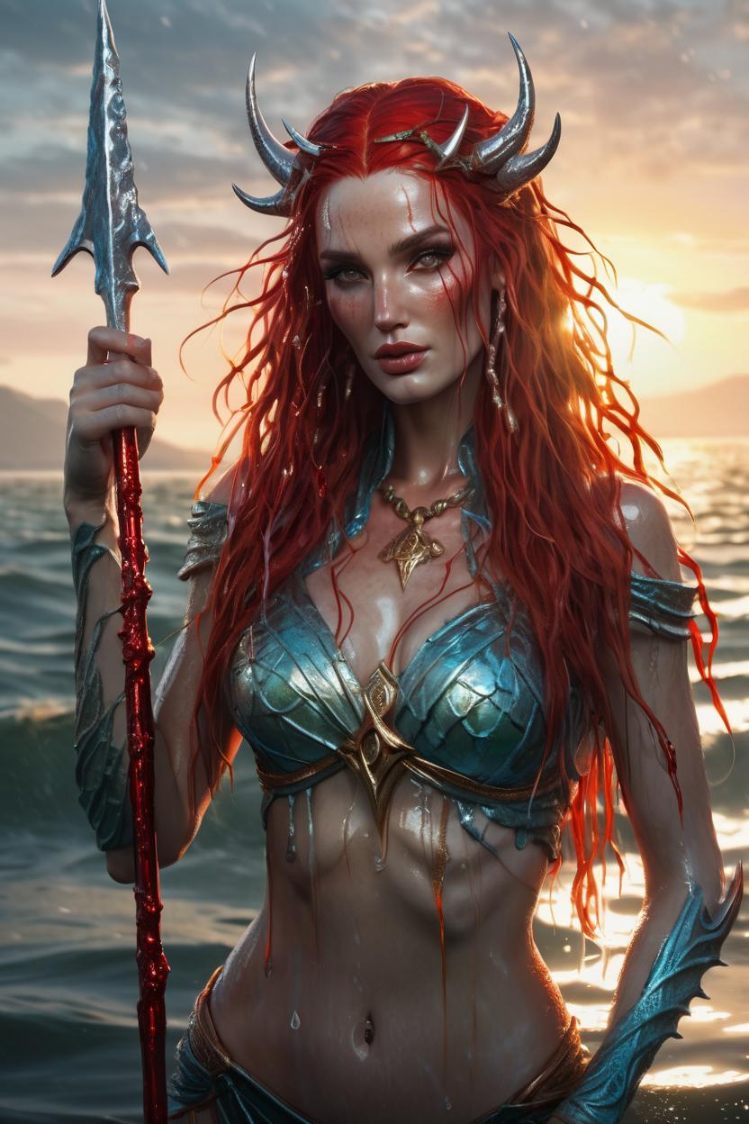 Artificial Intelligence (AI) generated image art, ..., ((realistic)) majestic water goddes Mera, holding one three spike trident, with wet body and flowing red long hair rising from the sea with sunset, ((portrait)), epic scene, epic light, intricate detailed, fine details, artstation, masterpiece