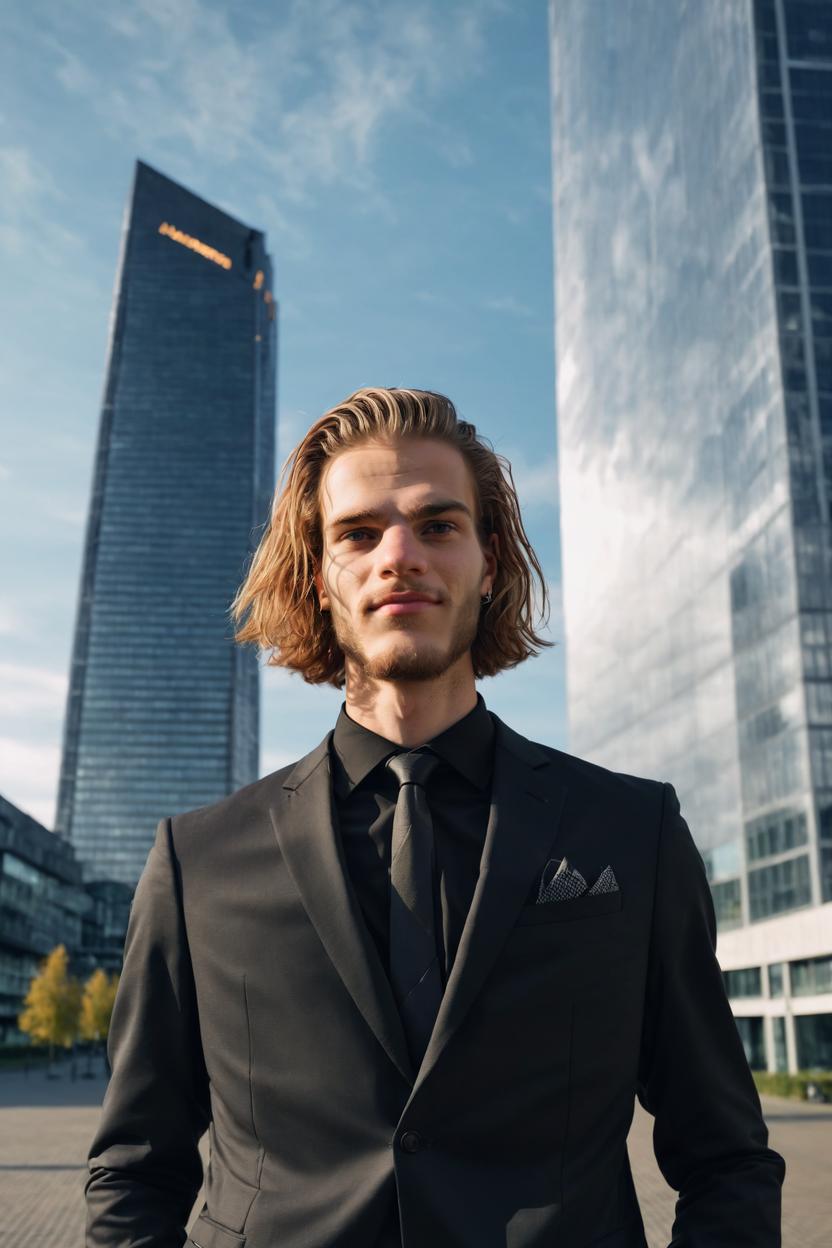 Artificial Intelligence (AI) generated image art, ..., portrait, Shot on Hasselblad H6D-400c lens, wearing a fashionable suit, ultra high definition, ultra-realism, ultra realistic, young, beautiful, standing in front of skyscrapers in black business suit