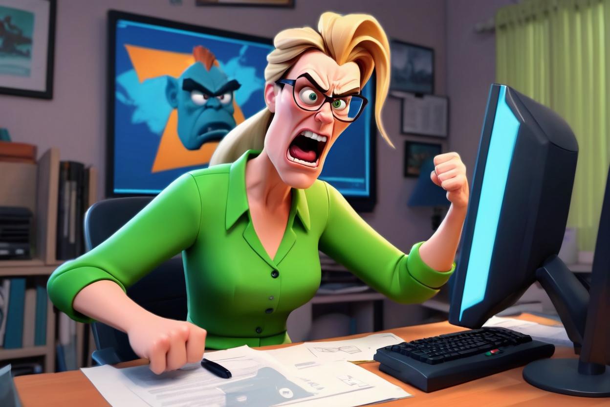Artificial Intelligence (AI) generated image art, (disney 3d animation style), 3d animation of ..., illustration, cartoon, digital painting, being very angry at a computer