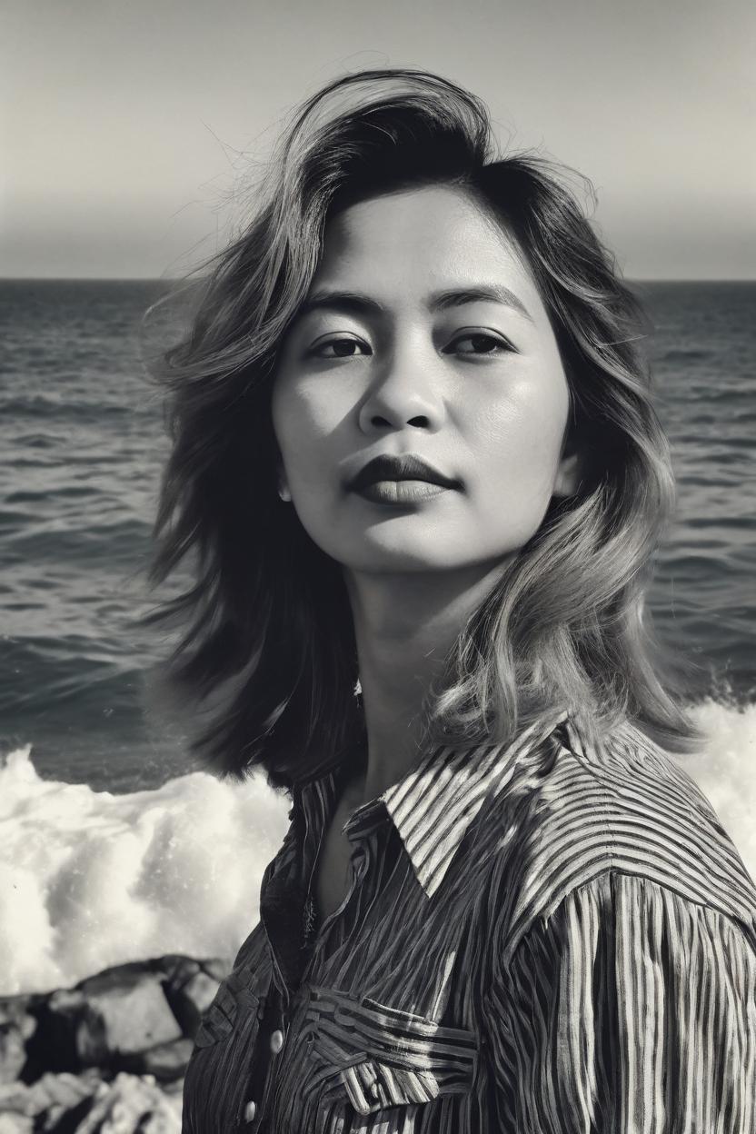 Artificial Intelligence (AI) generated image art, photo of beautiful ..., b&w, 1900 photograph, vintage, portrait, photorealistic, sea in background, art by artgerm, contrast