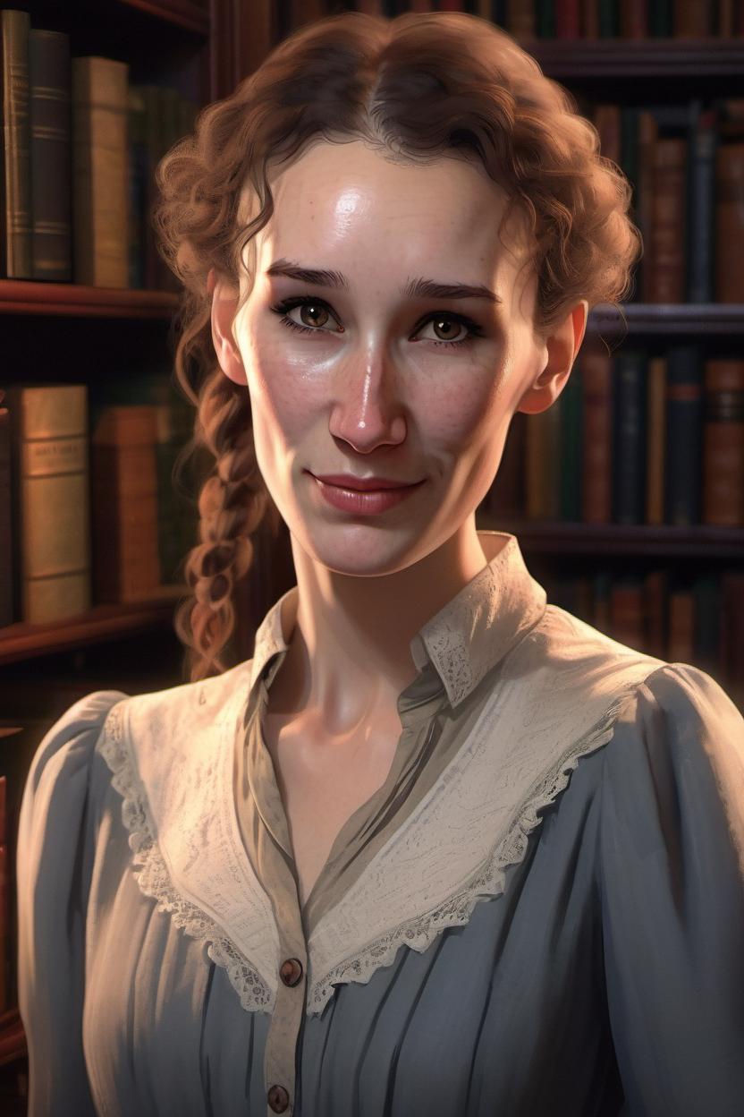 Artificial Intelligence (AI) generated image art, (portrait) of ... in (vintage blouse), realistic, detailed eyes, detailed skin features, at a (gothic library), with (mysterious light), ((true to life)), ((photorealistic))