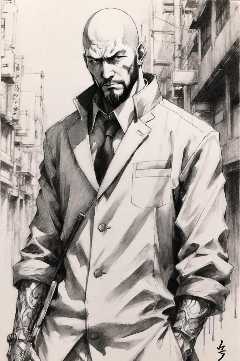 Artificial Intelligence (AI) generated image art, ..., yoji shinkawa, b&w, pencil drawing, ink, manga, concept art